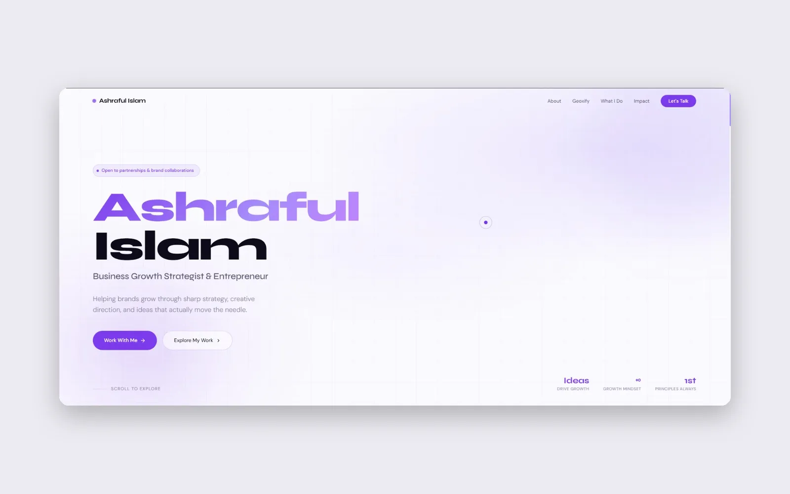 The Ashraful Islam home page on a desktop: a large two line name in wide purple and black type, a short introduction and two buttons.