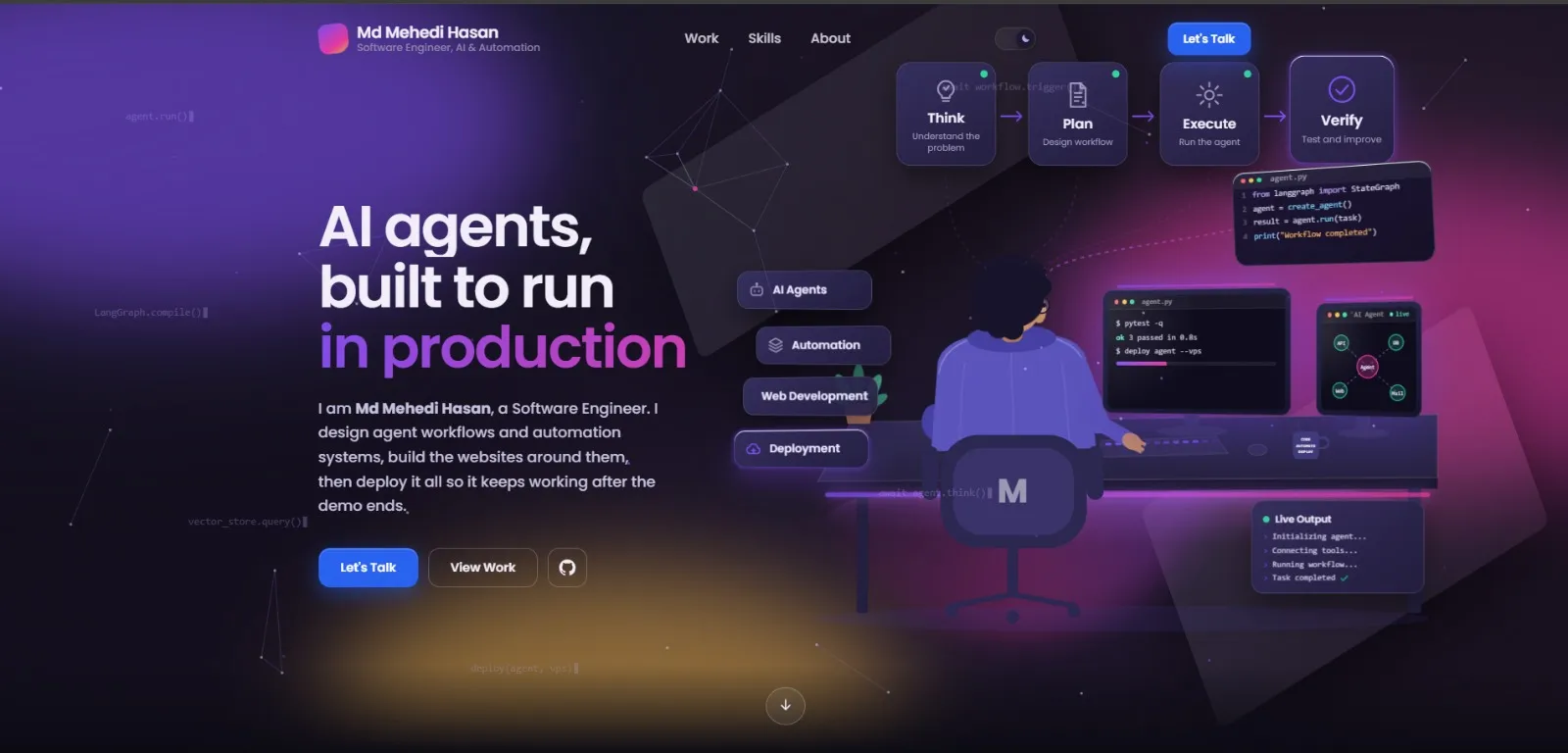 The same home page in dark theme: a dark purple background with the same headline, workflow cards and workstation illustration.