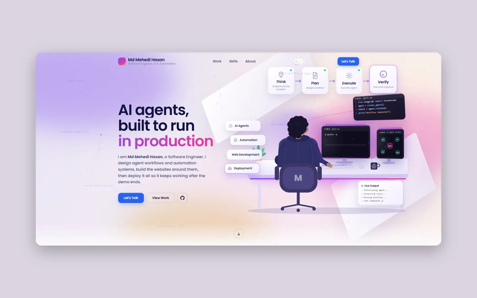 The Md Mehedi Hasan portfolio home page in light theme: the headline AI agents, built to run in production, an illustration of a workstation and a row of workflow cards.