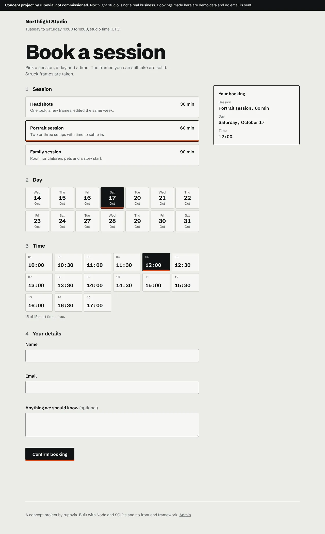 The full booking page: session choice, a two week day grid, time frames and a booking summary.
