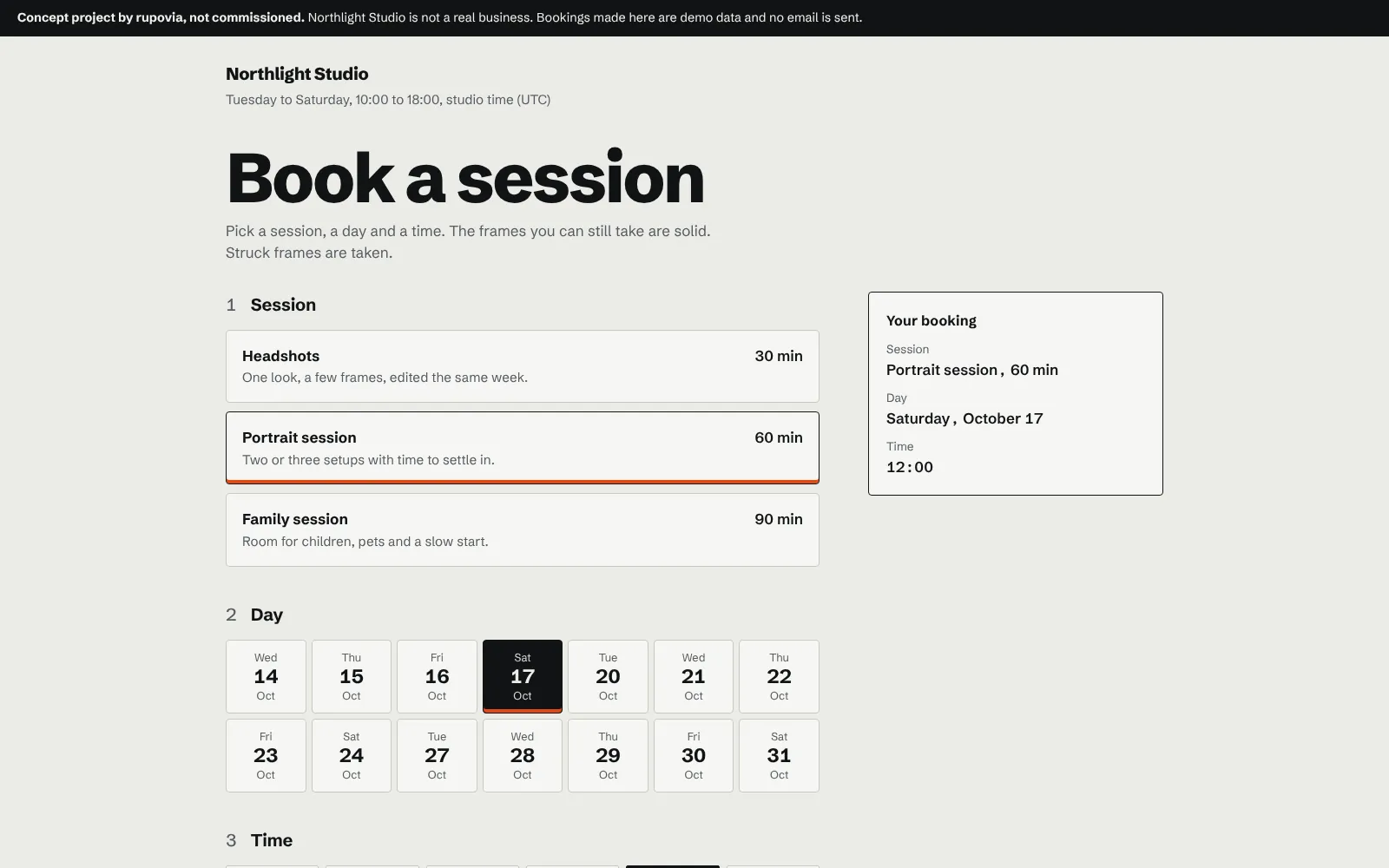 The Northlight Studio booking page with a portrait session, Saturday 17 October and 12:00 selected, and a booking summary on the right.